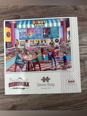 Boardwalk Donut Shop 500-Piece Puzzle — Colorful Blue & Pink Illustration